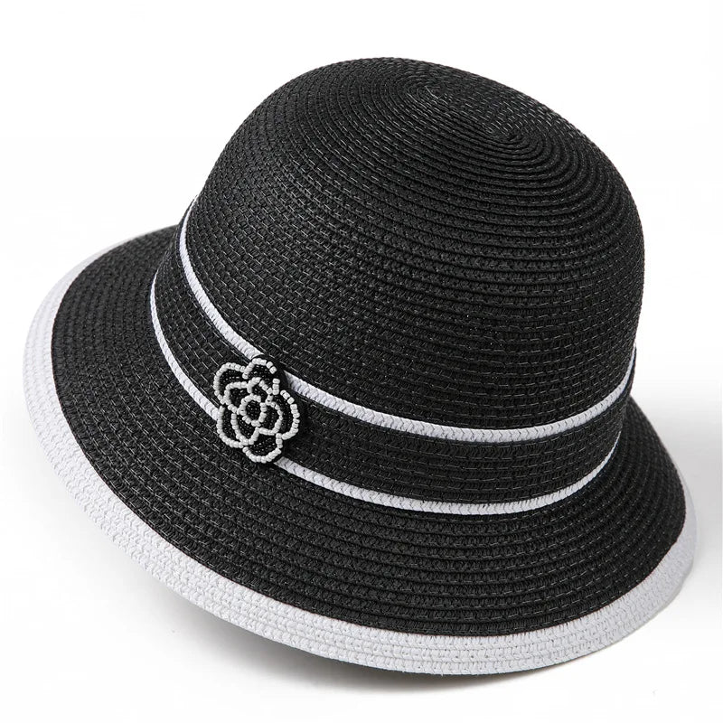 Spring Summer Straw Hat for Women Camellia Luxury Brand Bucket Hat Elegant Floral Elegant Straw Travel Beach Panama  Cap Sun Hat