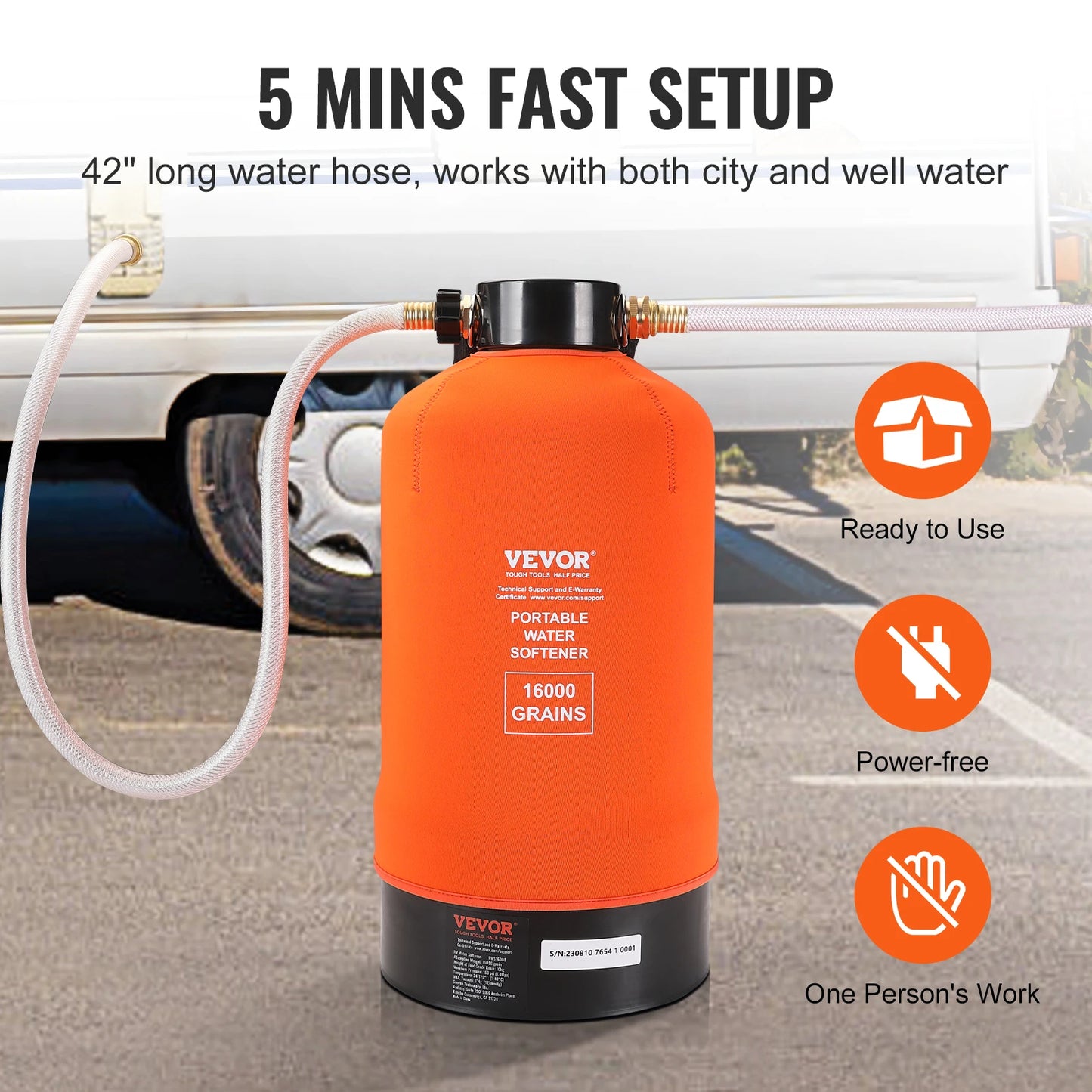 SucceBuy RV Water Softener 16,000Grain Portable Water Softenerwith 3/4"Brass Fittings and 42Hose Soften Hard Water Filter System