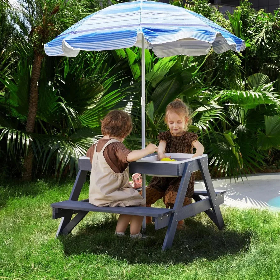 Beright 3-in-1 Kids Picnic Table, Play Sand And Water Sensory Table With Height Adjustable Umbrella & Removable Tabletop, Kids W