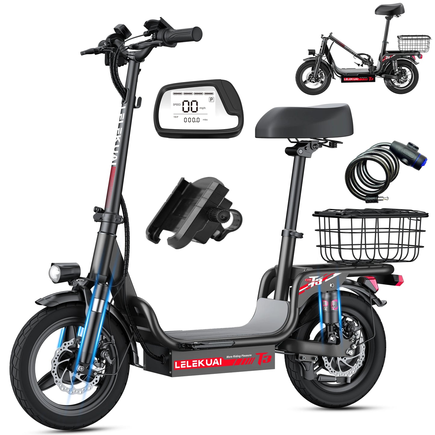 Adult Electric Bike, 500W48V15AH, 30MPH 14 inch Electric Bike, 500lbs Load-bearing with Multiple Shock Absorbers, with Basket