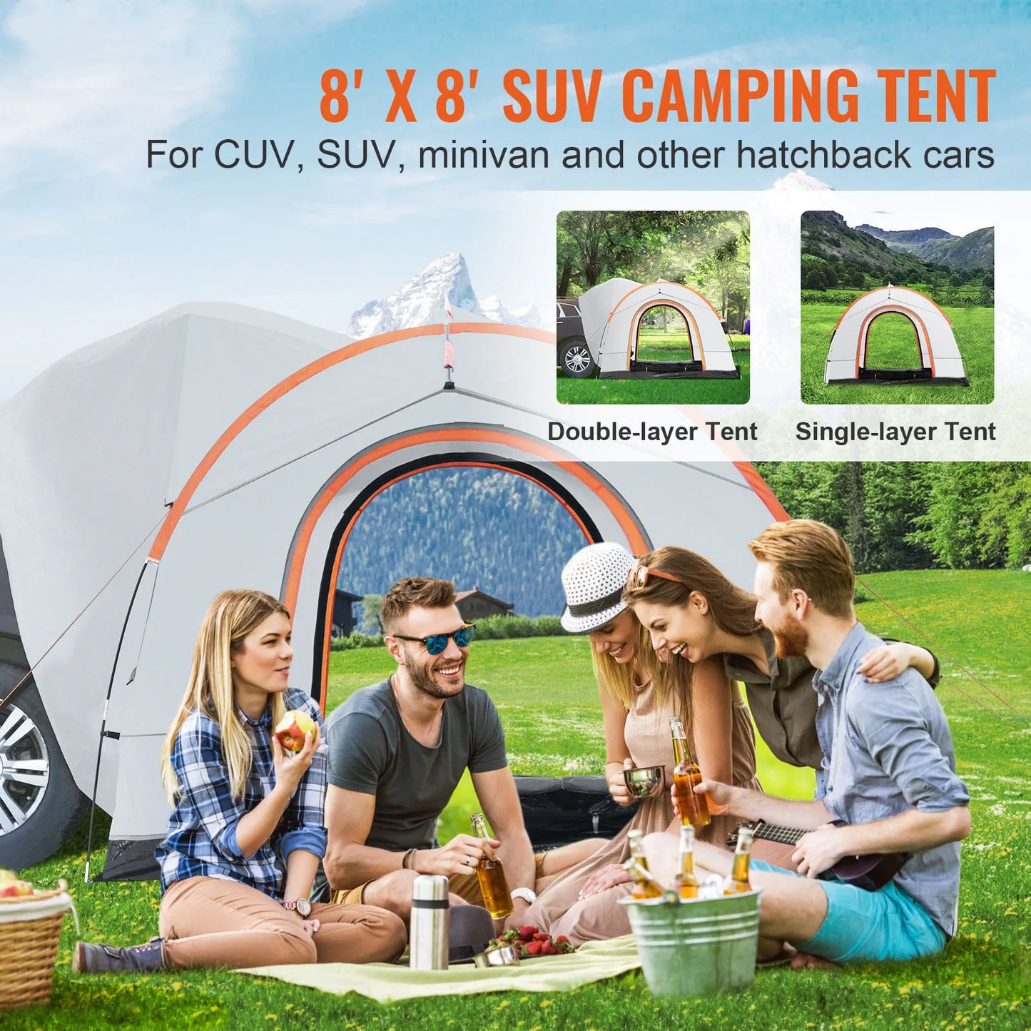 SucceBuy SUV Camping Tent, 8'-8' SUV Tent Attachment for Camping with Rain Layer and Carry Bag, PU2000mm Double Layer Truck Tent