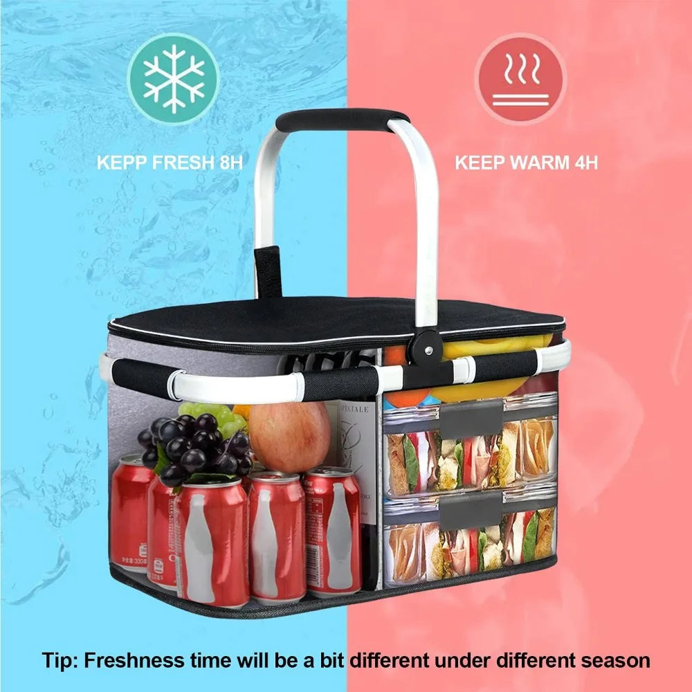Large 35L Insulated Picnic Basket with Double Layer Pockets Leak Proof Foldable Stable for Outdoor Use