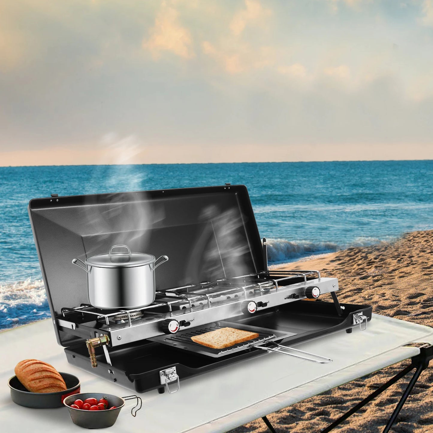 NONE 3-Burner Propane Camping Stove With Griddle And Adjustable Windshield
