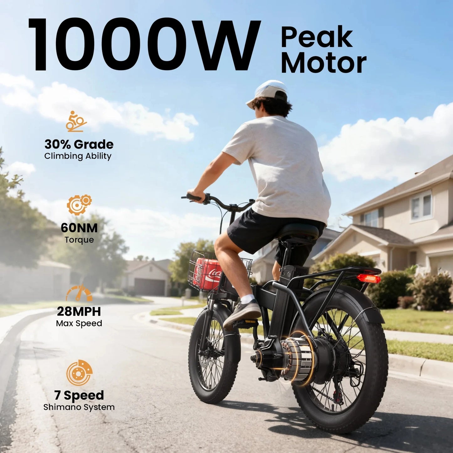 QRONGE Waterfall Folding Electric Bike 1000W Peak 48V 13.5AH Removable Battery Electric Bicycle 20" Fat Tire 28 MPH max E-Bike